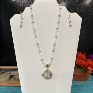 Elegant Blue and Gold Beaded Necklace and Earring Set